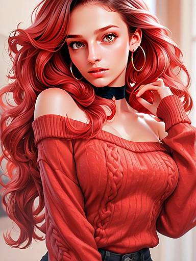 Portrait of Young Woman with Red Hair in Off-Shoulder Sweater