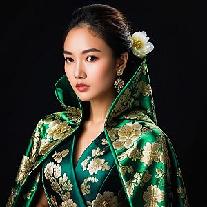 Elegant Woman in Green and Gold Brocade with Flower