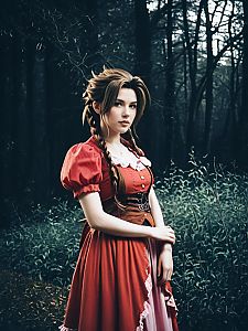 Realistic Aerith Gainsborough Woman Cosplay in Forest