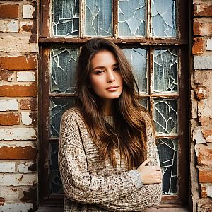 Woman in Cozy Sweater by Rustic Window