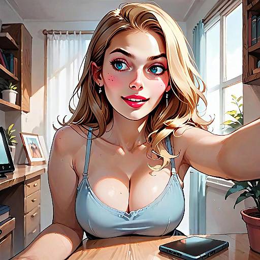Digital Illustration of Blonde Woman Taking Selfie in Cozy Indoor Setting