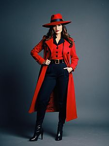 Woman in Carmen Sandiego Costume with Red Coat and Black Boots Full Body Portrait