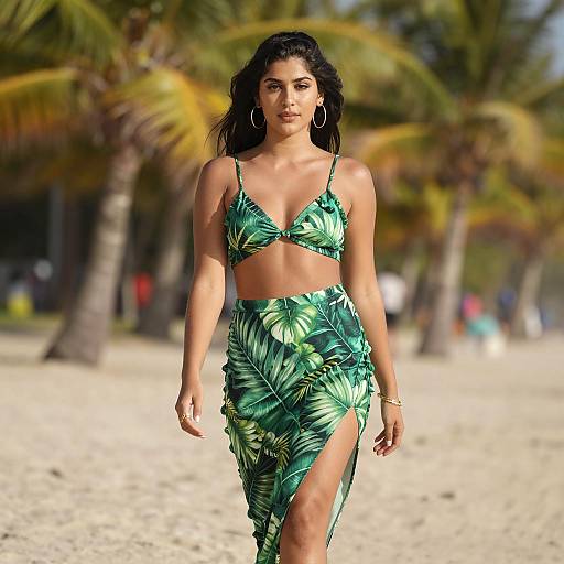 Woman in Green Tropical Print Two-Piece Outfit on Beach