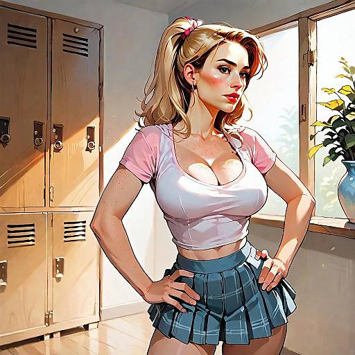 Confident Young Woman in Crop Top and Plaid Skirt Standing by Lockers Digital Art