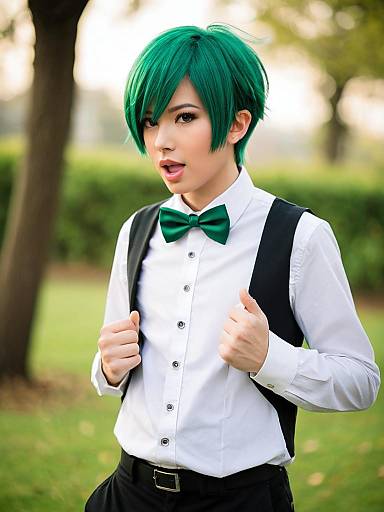 Realistic Cosplay Portrait of Cilan from Pokémon with Green Hair