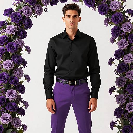 Stylish Young Man in Black Shirt and Purple Pants Standing by Purple Rose Arch