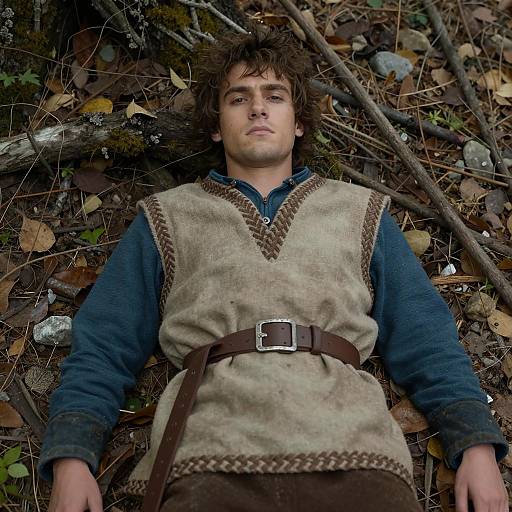 Young Man in Medieval Tunic Lying on Forest Floor Nature Background