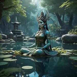 Serene Woman in Ornate Armor on Water