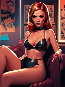 Confident Woman in Black Lingerie on Leather Chair