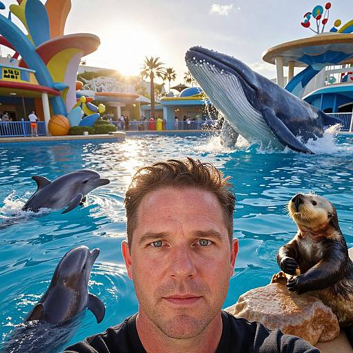 Man Taking Selfie at Marine Park with Dolphins, Whale, and Otter in Blue Pool