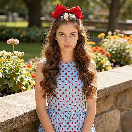 Young Woman in Polka Dot Dress with Red Hair Bow Outdoors