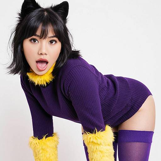 Playful Woman in Purple Sweater Dress with Yellow Fur Accents and Cat Ears