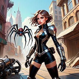 Futuristic Woman with Mechanical Spider in Cyberpunk Cityscape