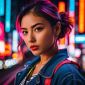 Confident Woman with Pink Highlights in Neon City