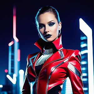 Confident Woman in Cyberpunk Cityscape
