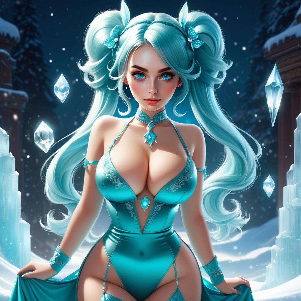 Fantasy Woman in Aqua Blue Outfit with Crystal Ice Background