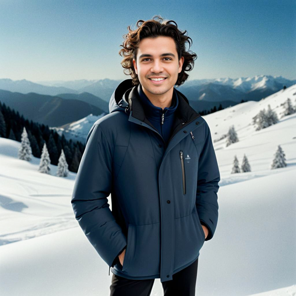 Young Man in Stylish Winter Jacket Against Snowy Mountains