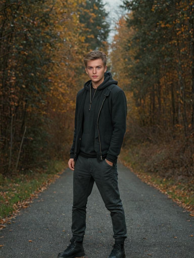 Young Man in Hoodie on Autumn Road