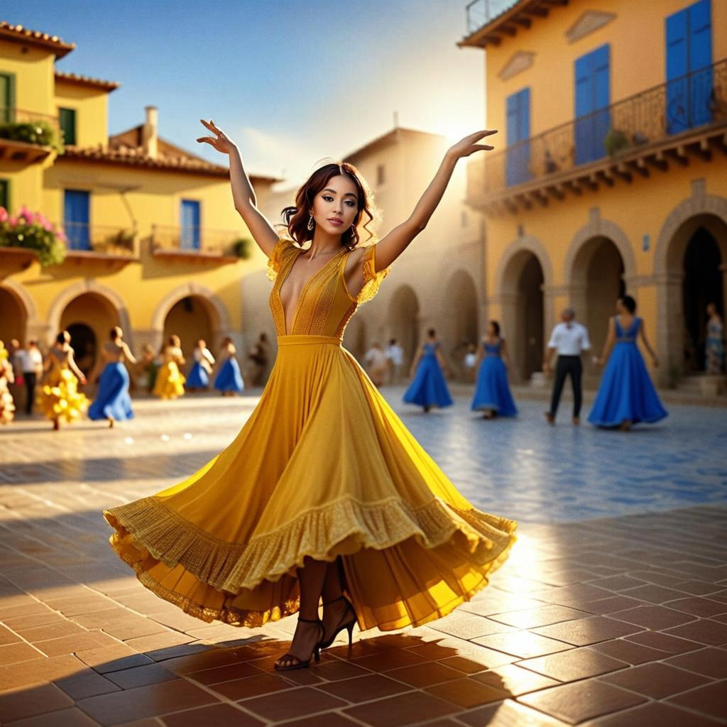 Joyful Woman in Yellow Dress Twirling in Sunlit Square