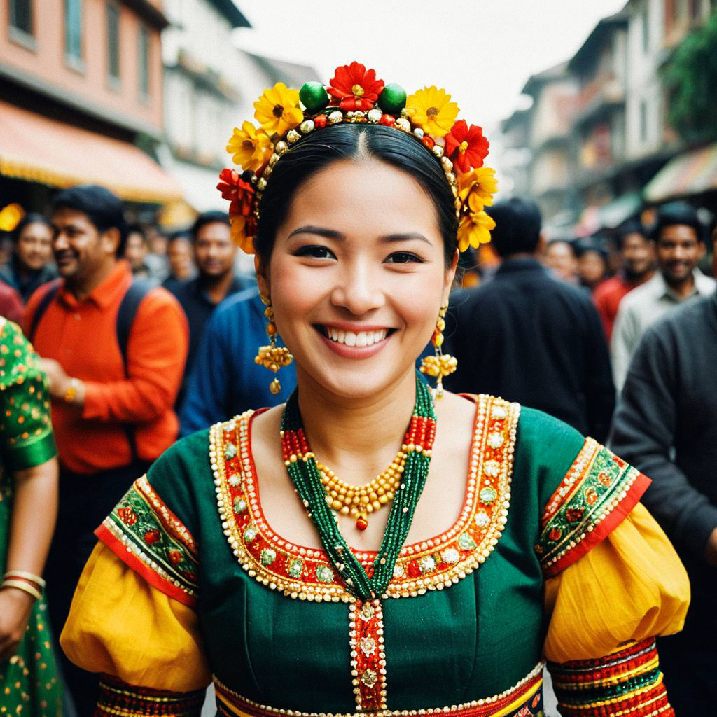 Woman in Vibrant Traditional Attire Smiling in Street Crowd Woman in Vibrant Traditional Attire Smiling in Street Crowd