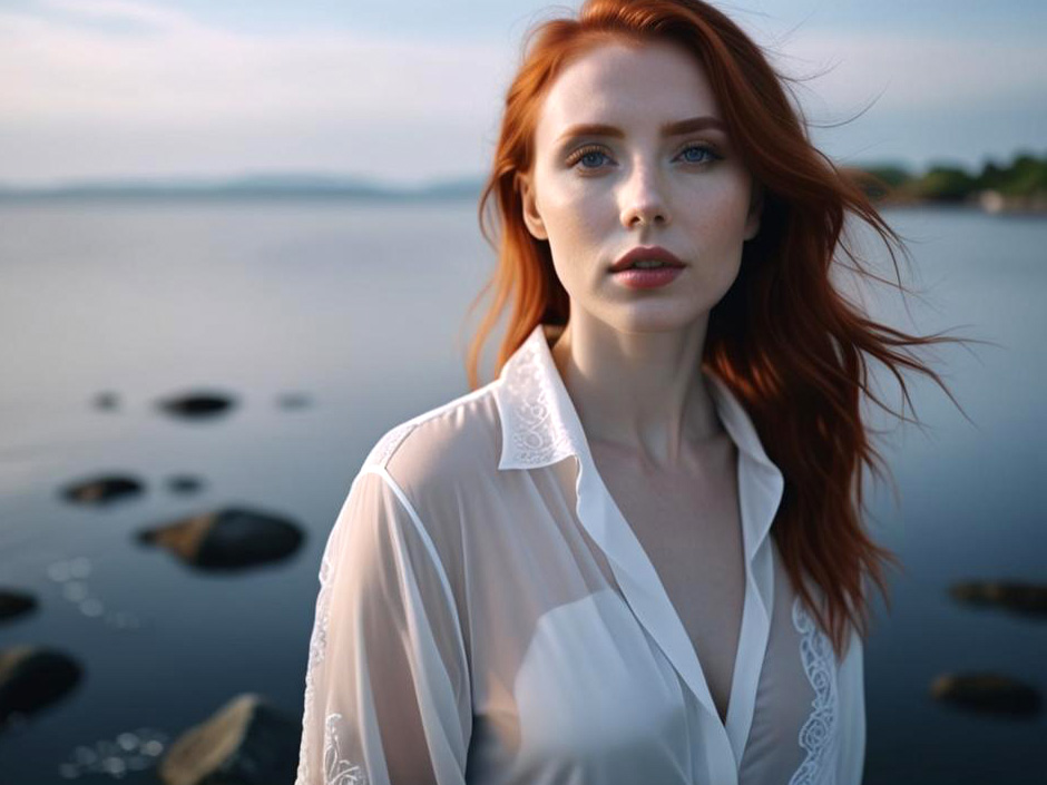 Serene Woman with Red Hair by Water