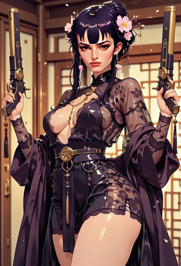 Confident Woman in Black Lace with Pistols Confident Woman in Black Lace with Pistols