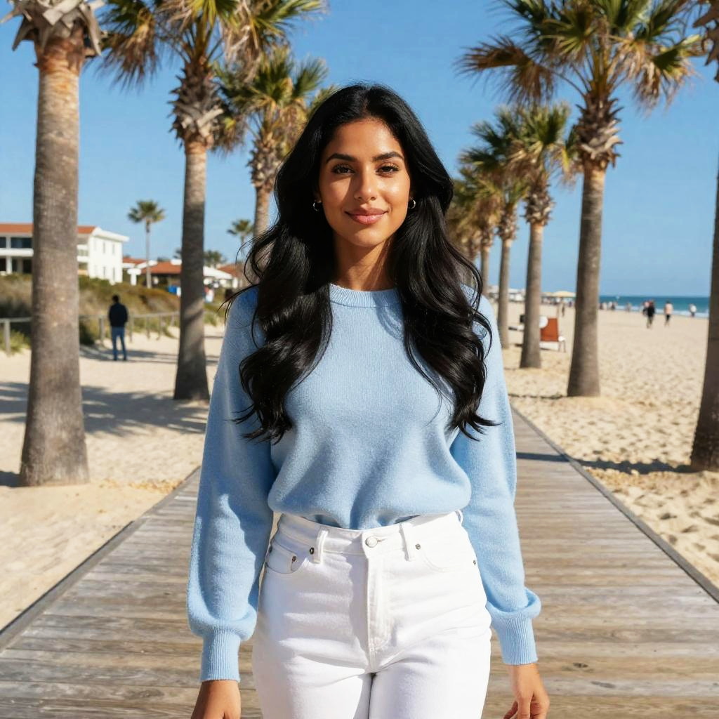 Young Woman Smiling on Palm Tree Lined Beach Boardwalk in Casual Outfit