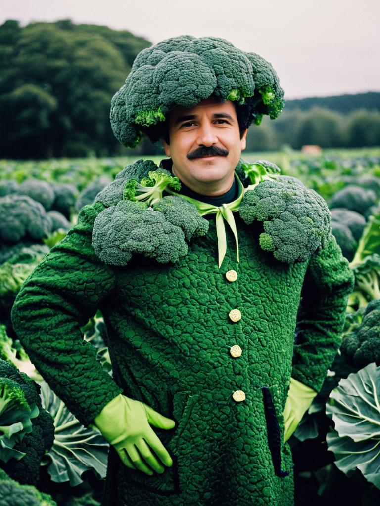 Man in Broccoli Costume Standing in Broccoli Field Humorous Cosplay