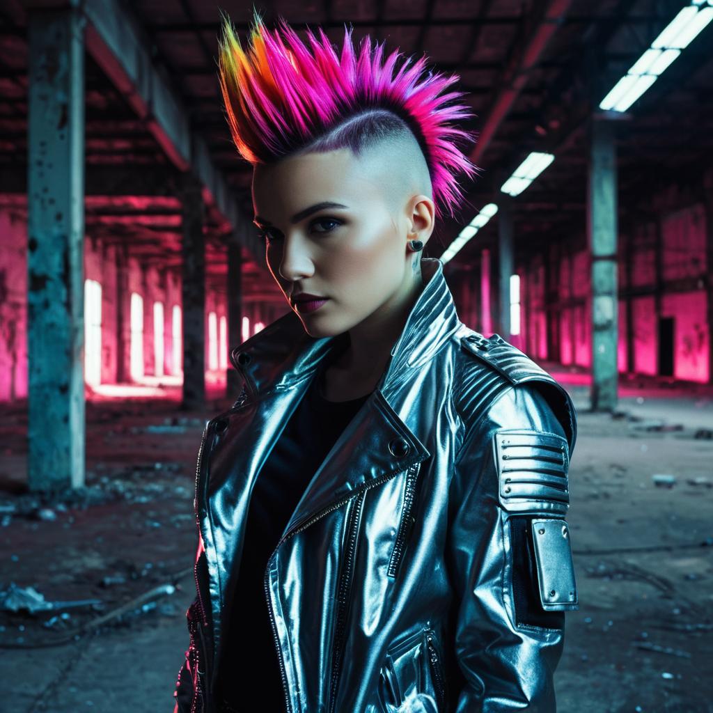 Edgy Woman with Neon Mohawk and Metallic Jacket in Urban Industrial Setting