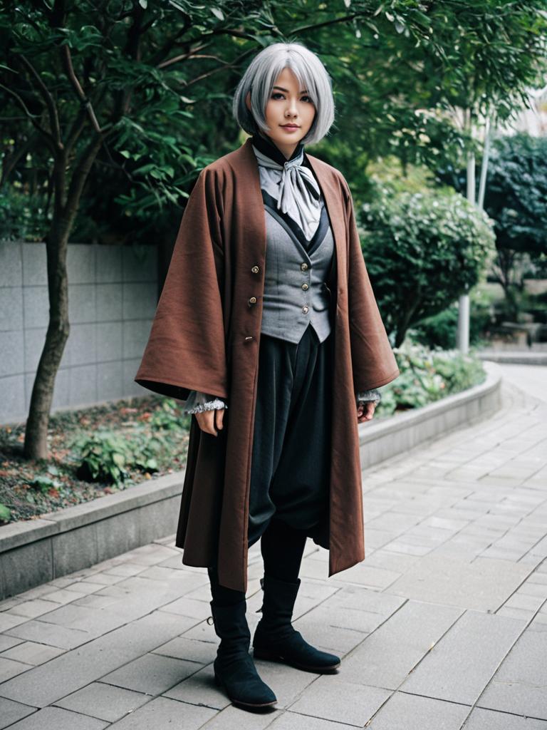 Stylish Woman in Kimono-Style Coat and Yabusame Inspired Fashion