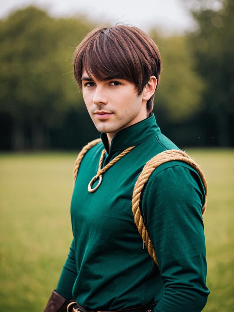 Young Man in Green Shirt with Rope Details Outdoors