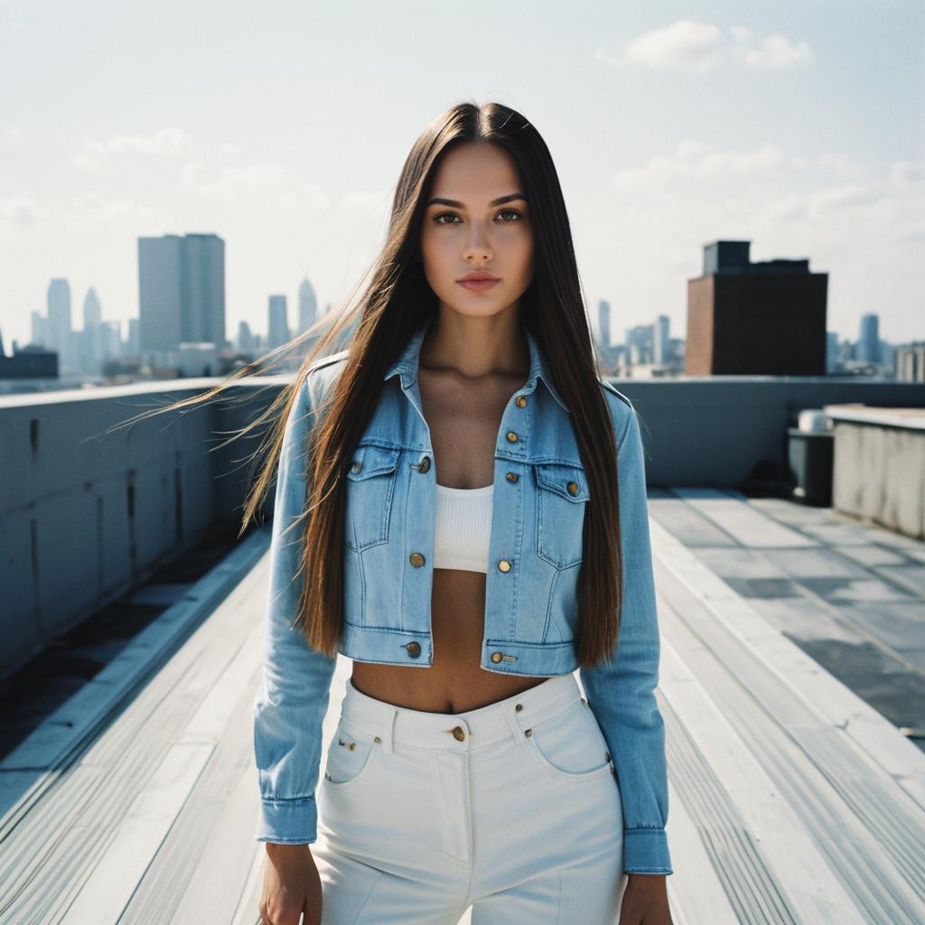 Urban Fashion Portrait of Woman in Denim Jacket on Rooftop with Cityscape
