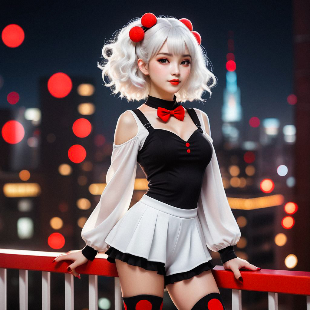 Stylish Young Woman with Platinum Hair on Rooftop at Night