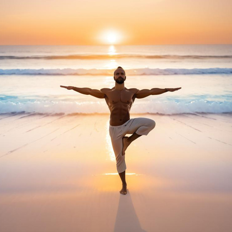 Man Practicing Yoga at Sunset Beach