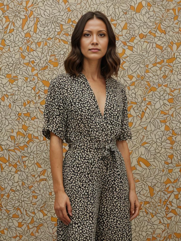 Woman in patterned jumpsuit against ornate floral and geometric background