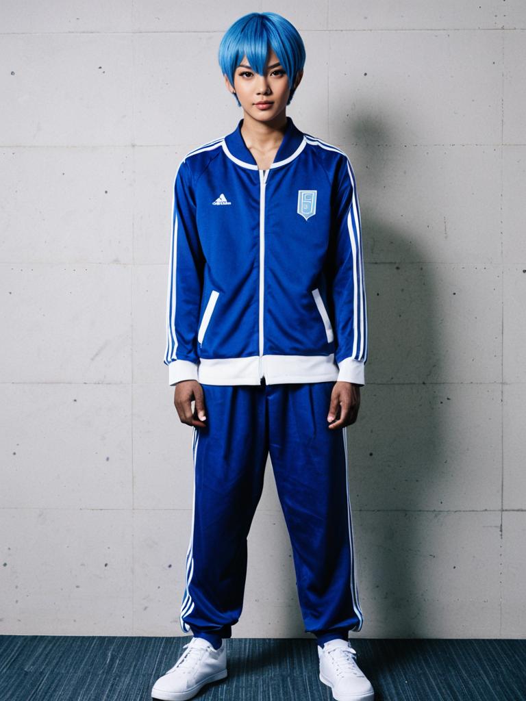 Man in Blue Adidas Tracksuit with Blue Hair Inspired by Aomine Daiki