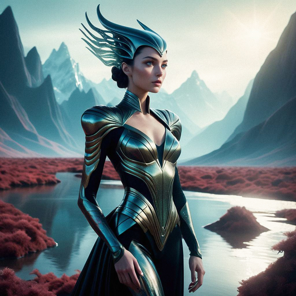 Regal Woman in Metallic Costume in Surreal Landscape Regal Woman in Metallic Costume in Surreal Landscape