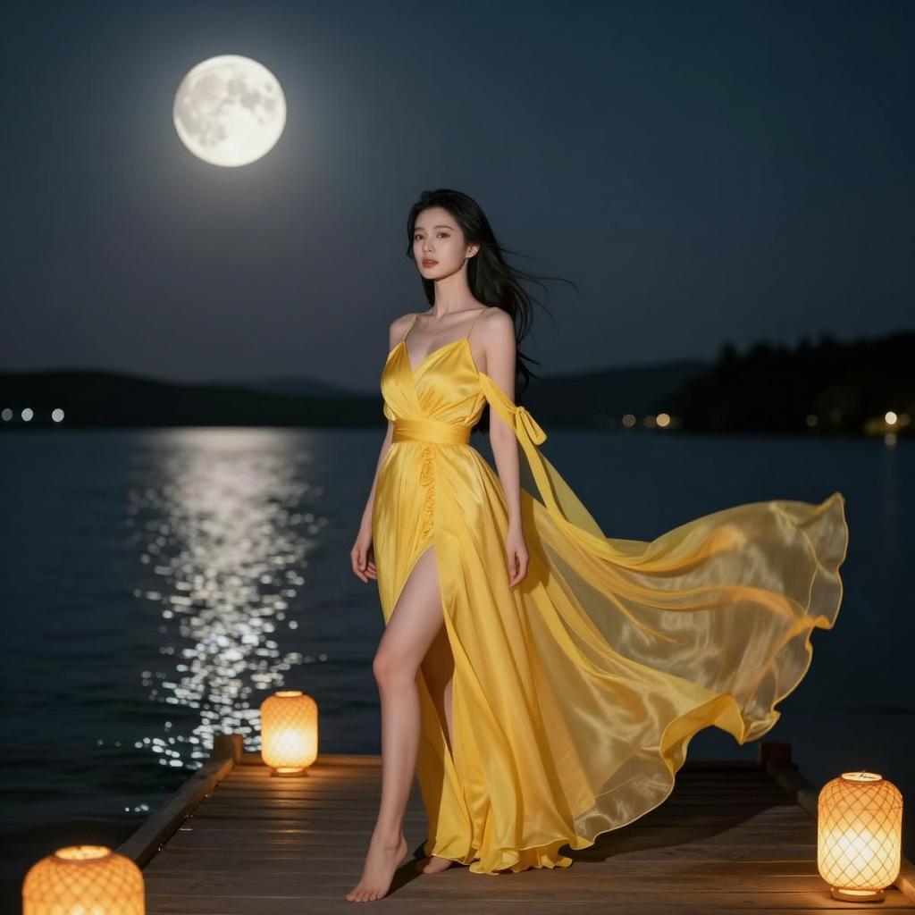 Elegant Woman in Flowing Yellow Dress on Lakeside Dock under Full Moon