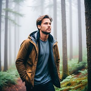 Young Man in Misty Forest