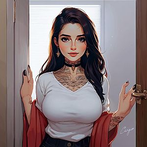 Stylized Woman in Doorway with Tattoos and Jewelry