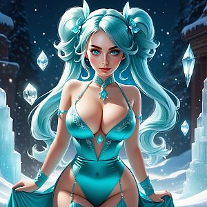 Fantasy Woman in Aqua Blue Outfit with Crystal Ice Background