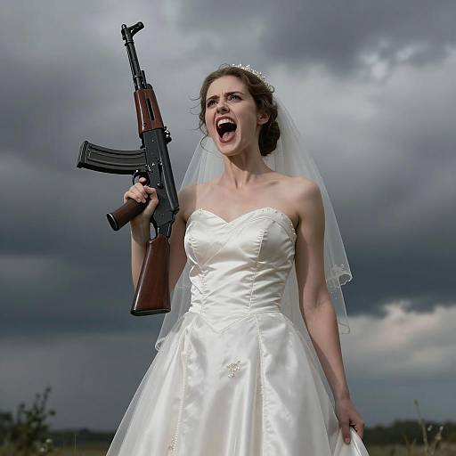 Bride in Wedding Dress Holding Rifle Against Stormy Sky