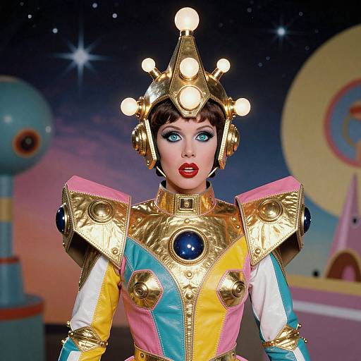 Retro Futuristic Woman in Colorful Space Costume with Illuminated Headgear