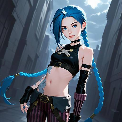 Arcane Jinx Character Digital Illustration with Blue Braids in Urban Anime Style