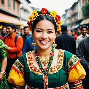 Woman in Vibrant Traditional Attire Smiling in Street Crowd