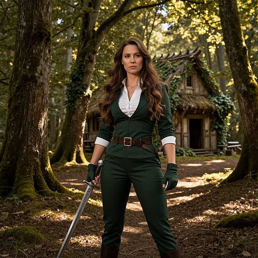 Confident Woman with Sword in Forest Near Rustic Cabin