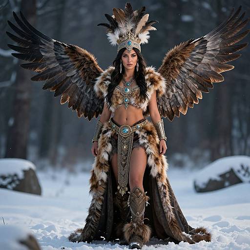 Fantasy Warrior Woman with Feathered Wings in Snowy Forest