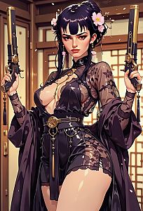 Confident Woman in Black Lace with Pistols
