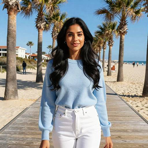 Young Woman Smiling on Palm Tree Lined Beach Boardwalk in Casual Outfit