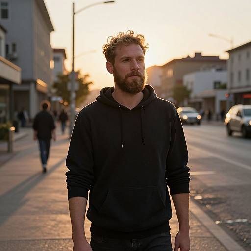Man Walking on City Street at Sunset in Black Hoodie